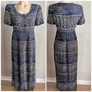 Vintage 90s Blue Floral Boho Maxi Dress Button Front Pleated Cottagecore 8